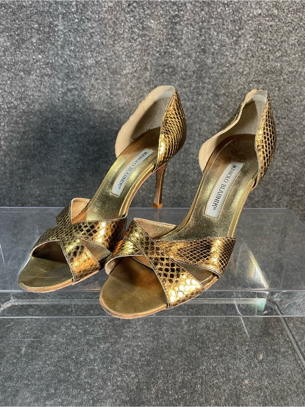 Manolo Blahnik Metallic Gold Snake Embossed Leather Strappy Pumps 36.5